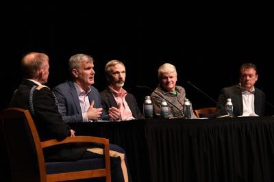 Col. Dave Gray, director for the VMI Center for Leadership and Ethics, moderates a panel with members of Team Alpha, Col. Justin Sapp ’94, Scott Spellmeyer ’90, Dave Tyson, CIA case officer, and author Toby Harnden.—VMI Photo by H. Lockwood McLaughlin.